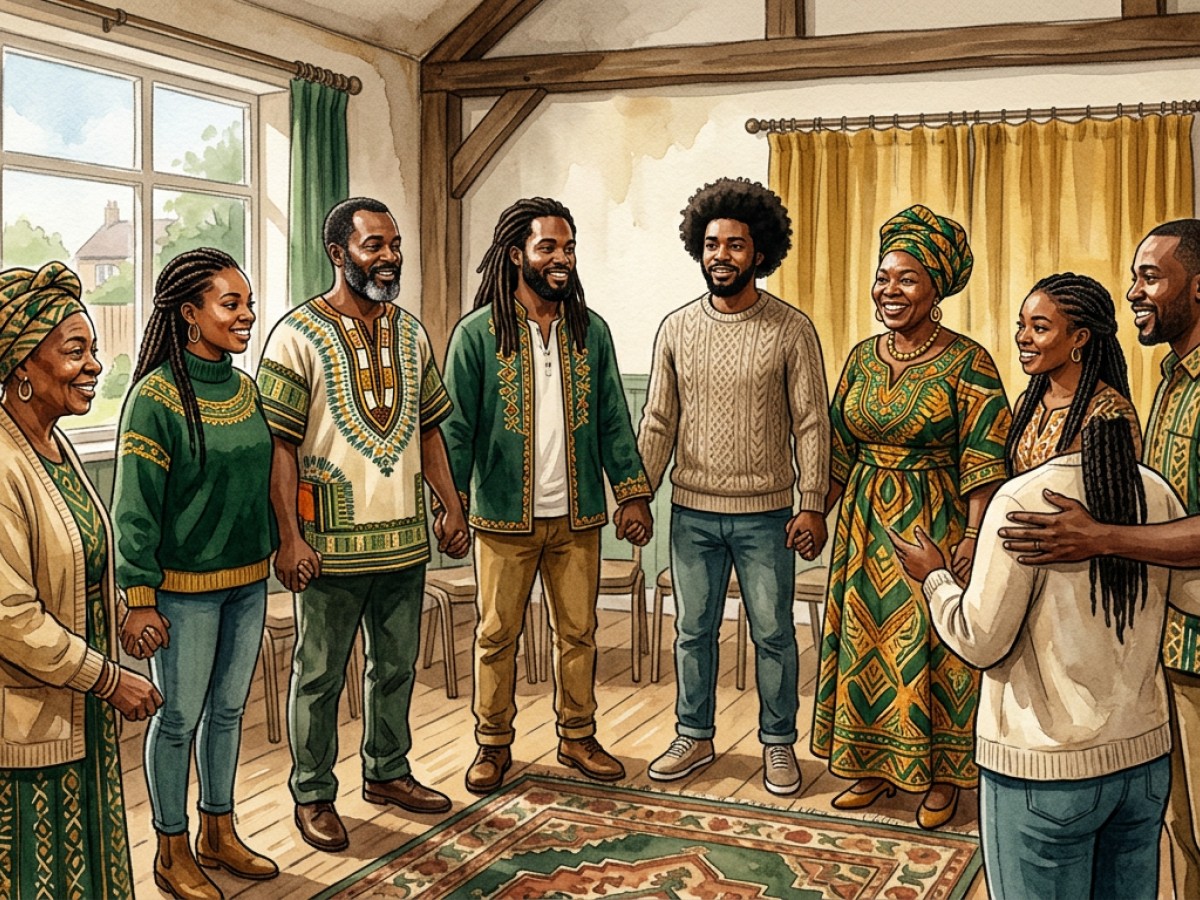 Illustration: members standing together in a supportive circle at a UK community gathering.