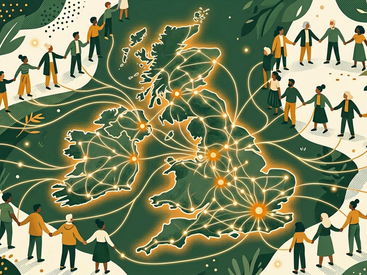 Illustration: map of the United Kingdom with links between cities, symbolising a nationwide network.