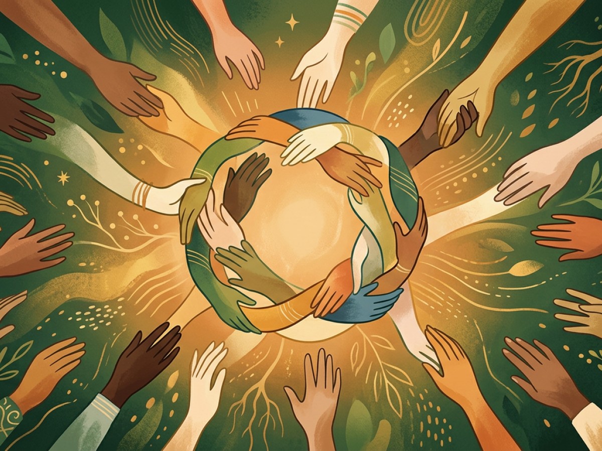 Illustration: hands meeting in the centre as a symbol of mutual aid.