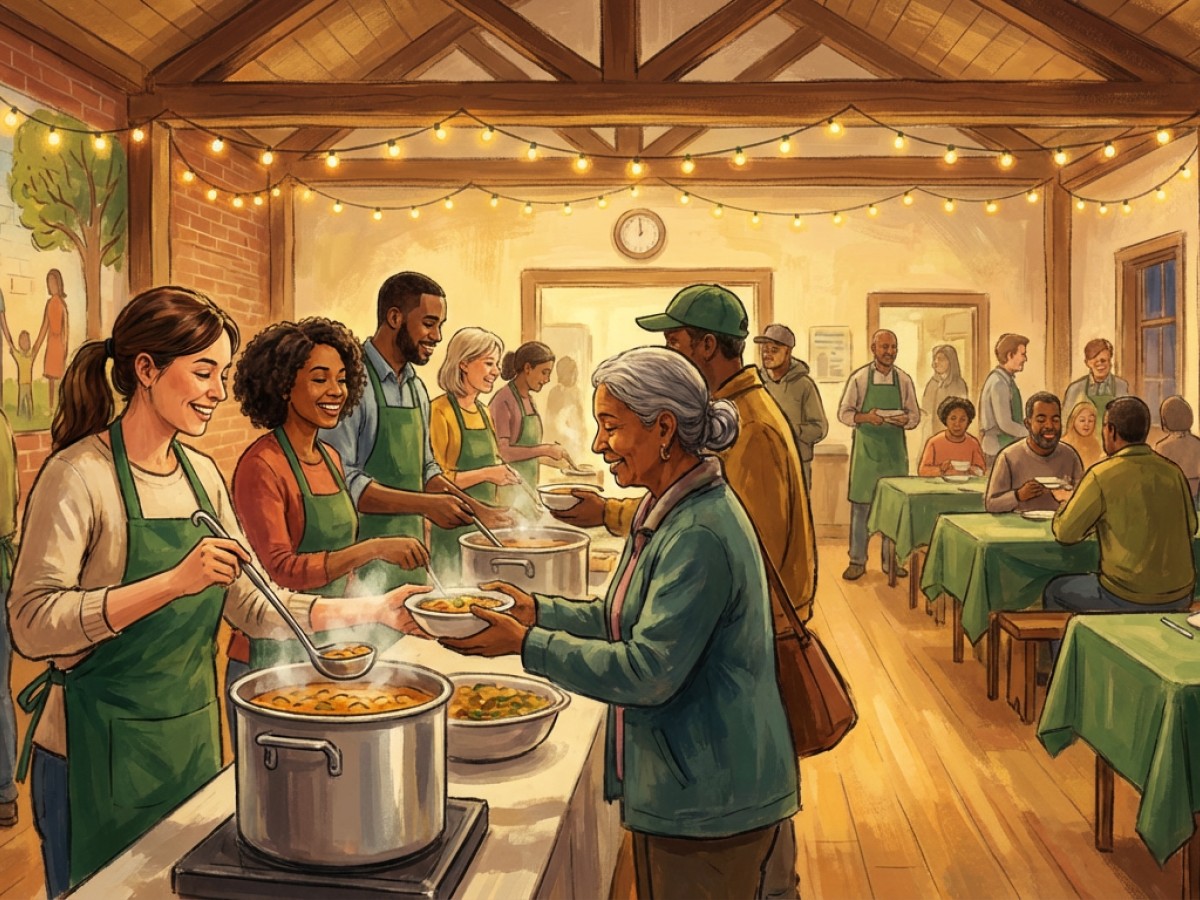 Illustration: community kitchen with volunteers sharing food.