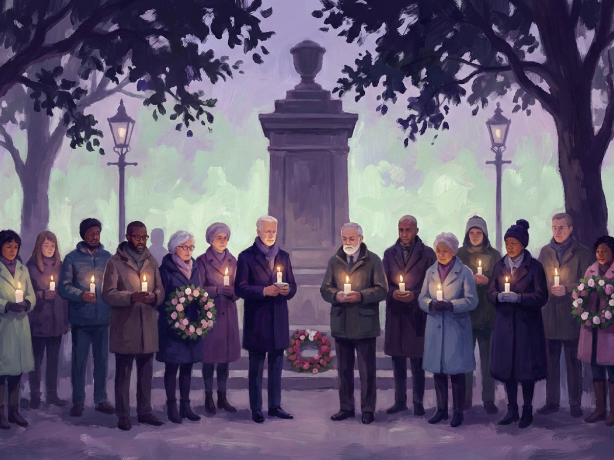 Illustration: remembrance gathering at dusk with candles and flowers.