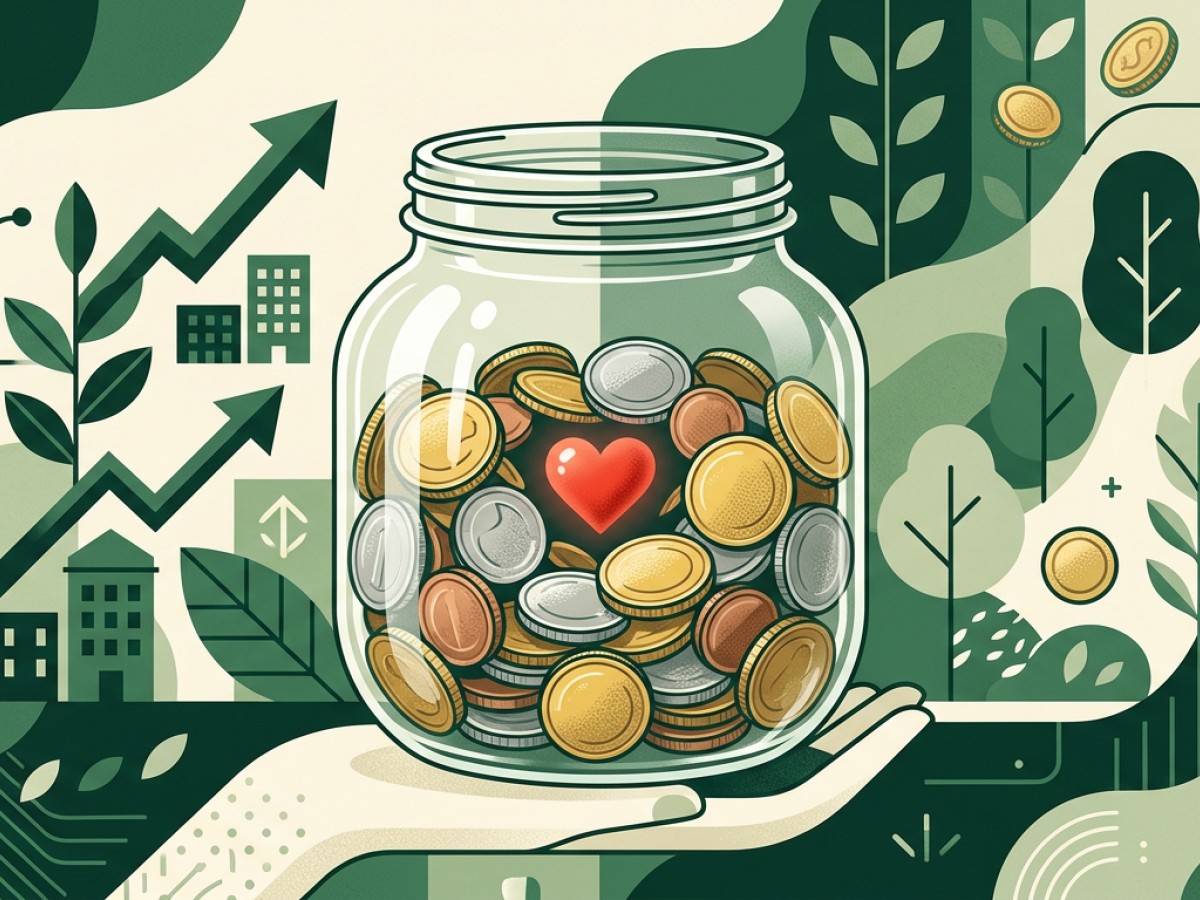 Illustration: glass jar with coins and a heart motif, symbolising transparent contributions.